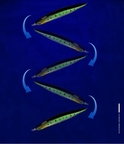 Set of three green minnow lures with treble hooks
