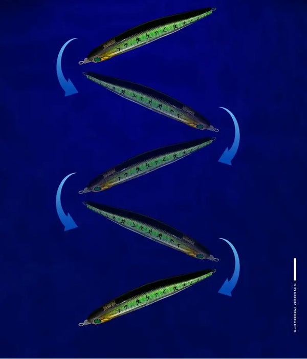 Set of three green minnow lures with treble hooks