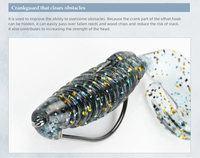 Soft silicone fishing lure with dark bluish body, gold glitter stripes, speckled tail