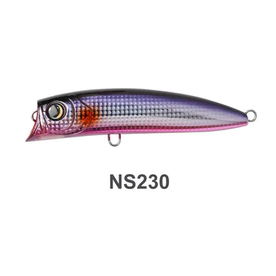 NS230 topwater popper lure, purple body with orange belly detail