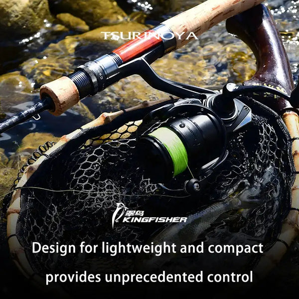 Black spinning fishing reel with green line mounted on a rod near water