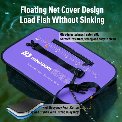 Floating fish keep net with purple cover and black straps, designed to stay afloat
