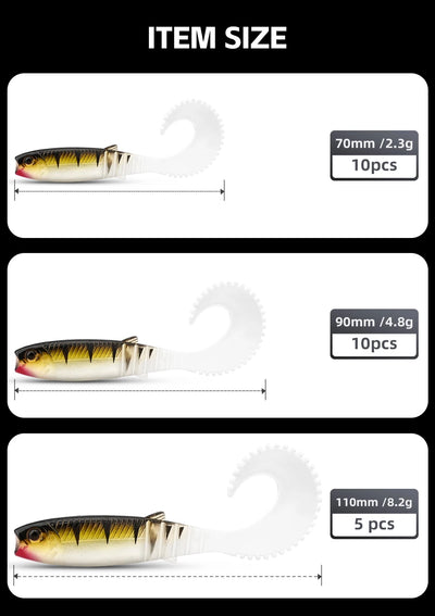 Soft swimbait lure size chart showing 70mm, 90mm, and 110mm curved-tail shad baits.