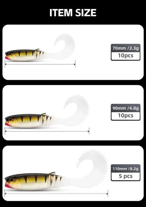 Soft swimbait lure size chart showing 70mm, 90mm, and 110mm curved-tail shad baits.