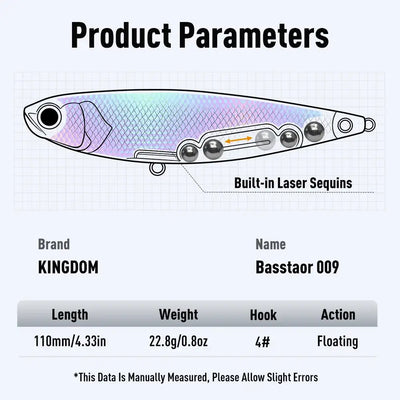 Side view illustration of multicolor topwater pencil fishing lure with treble hooks.