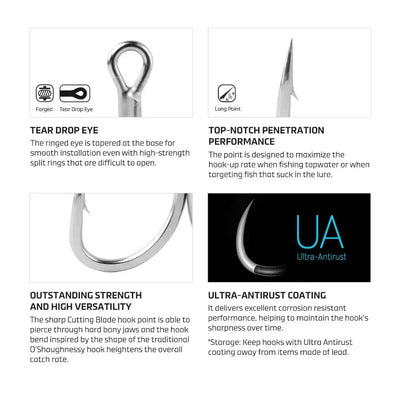 Treble fishing hook close-up: tear-drop eye, long point, anti-rust coated steel