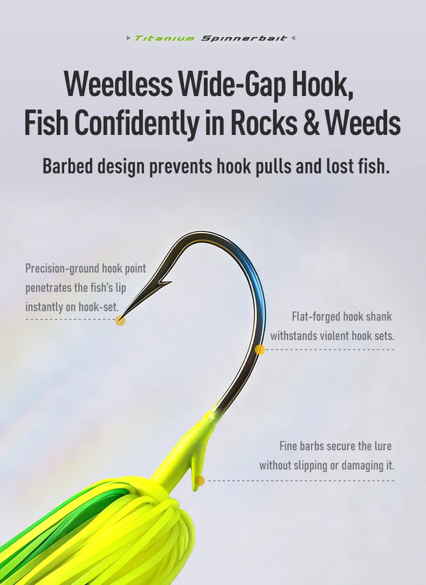 Weedless wide-gap hook spinnerbait with lime-yellow skirt and curved black hook.