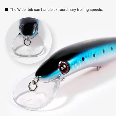 Blue metallic minnow lure head with red eye, lip, and front treble hook