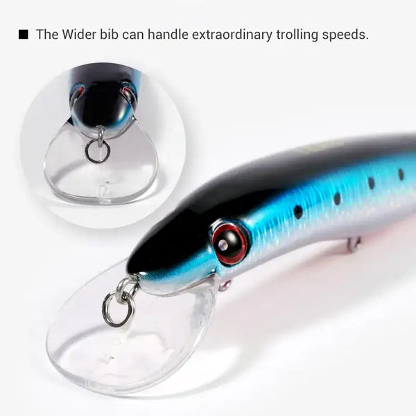 Blue metallic minnow lure head with red eye, lip, and front treble hook