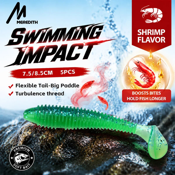 Green shrimp paddle-tail soft plastic lure, 5-pack, 75/85mm, oil infused