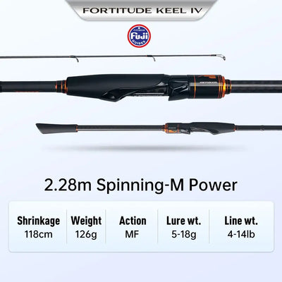 2.28m spinning M power fishing rod, black blank with orange accents and Fuji badge