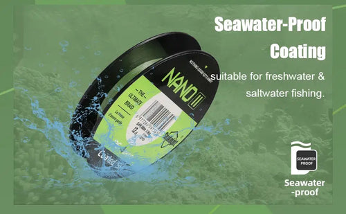 NANO II PE 4 braid spool with water droplets, coated for seawater fishing