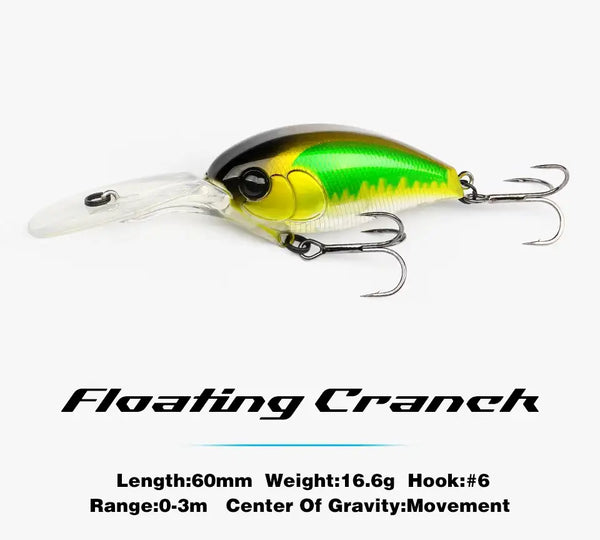 Floating crankbait lure, green-and-white body with clear lip and 3 treble hooks.