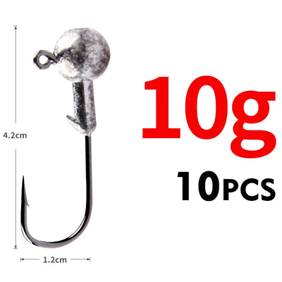 10g round ball jig head with curved hook, 10-pack