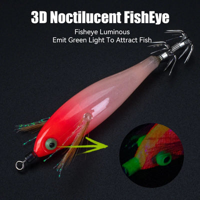 Red shrimp-style squid jig with 3D noctilucent fish eye and glitter strands