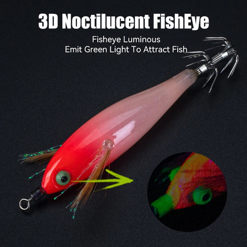 Red shrimp-style squid jig with 3D noctilucent fish eye and glitter strands