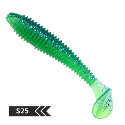 Soft silicone fishing lure, bright green translucent body with speckles and paddle tail (S25).