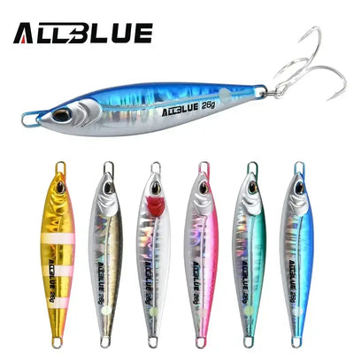 Set of metal jig fishing lures, blue and silver tones, each with treble hooks