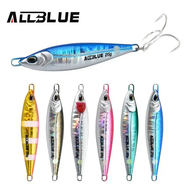 Set of metal jig fishing lures, blue and silver tones, each with treble hooks