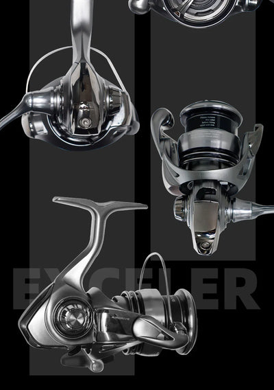 Silver Daiwa Exceler LT spinning reel shown from multiple angles with handle