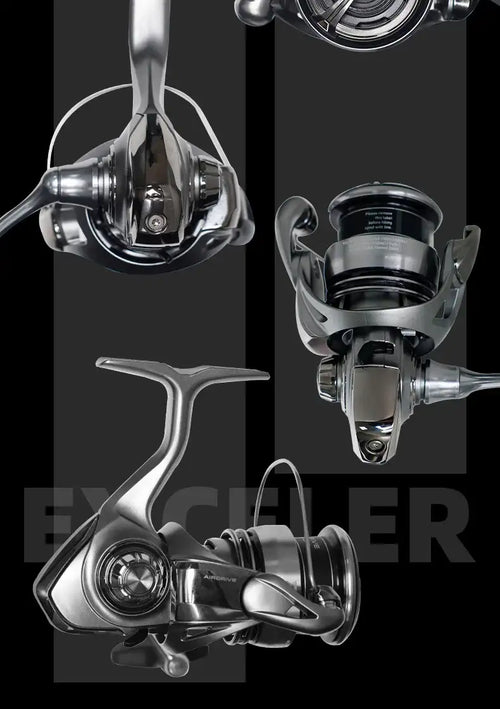 Silver Daiwa Exceler LT spinning reel shown from multiple angles with handle