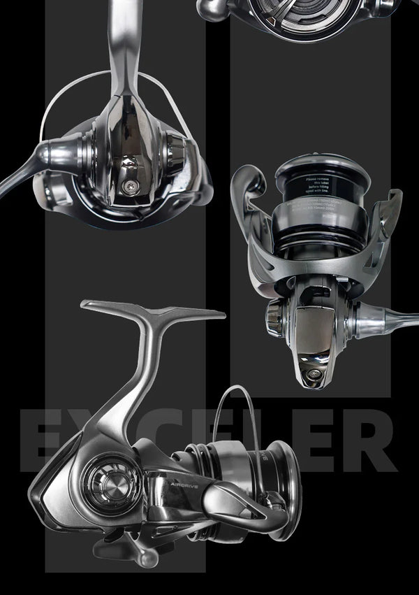 Silver Daiwa Exceler LT spinning reel shown from multiple angles with handle