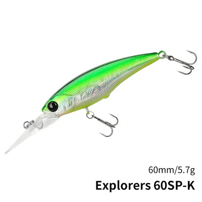 Suspending minnow lure, green back with silver lip, black eye, 60mm and treble hooks.