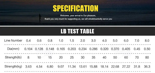 LB test table chart with line diameter and strength values for PE braided fishing line.