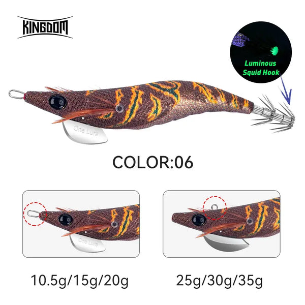 Brown-orange striped squid jig lure with metal tentacle hooks; COLOR 06 shown