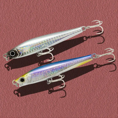Iridescent silver lipless minnow sinking lure with rainbow scale pattern and treble hooks