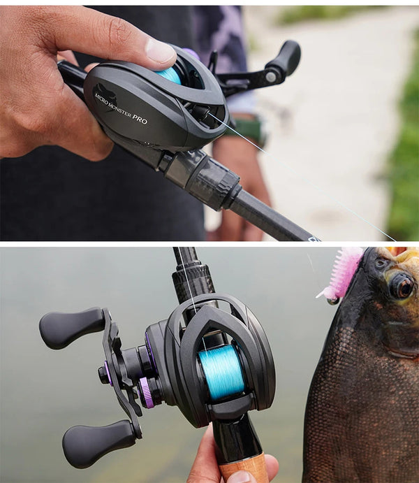 Hand holding a black baitcasting reel on a rod with purple accents