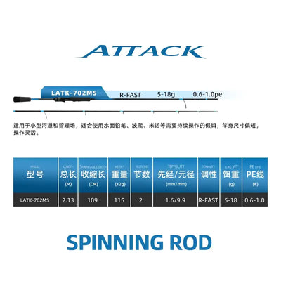 Spinning rod model LATK-702MS, R-FAST action, blue/black two-section graphic