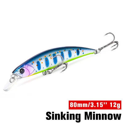 Sinking minnow fishing lure, blue and white with chartreuse stripe and treble hooks