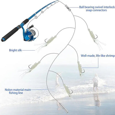 Luminous shrimp fishing bait rigs, several white shrimp-shaped lures with hooks