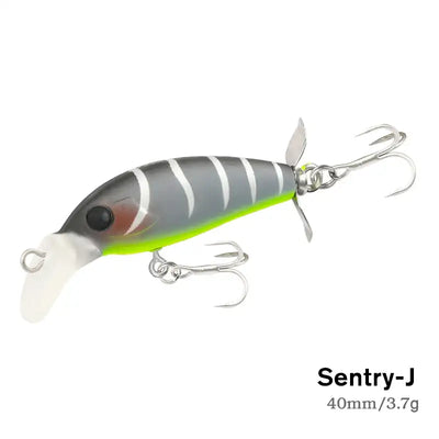 Sinking minnow lure 40mm/3.7g, gray striped body with chartreuse belly, propeller and treble hooks