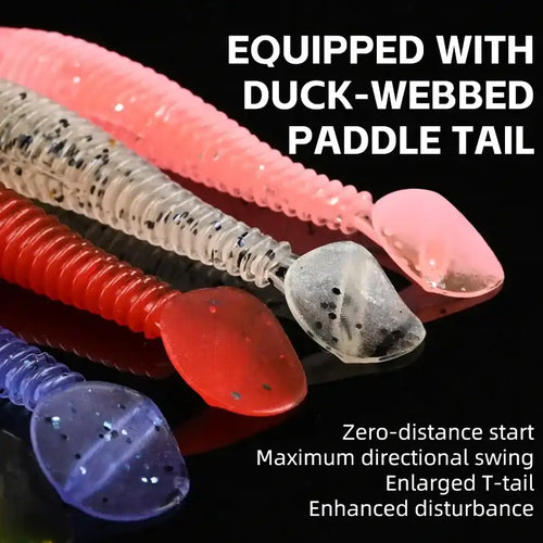 Paddle tail soft baits in red, pink, purple, and gray with duck-webbed shape.