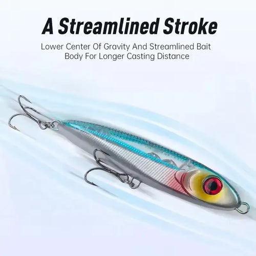 Silver and teal LEYDUN Ministre Jack sinking pencil lure with red eye designed for longer casting distance, 80mm 14g