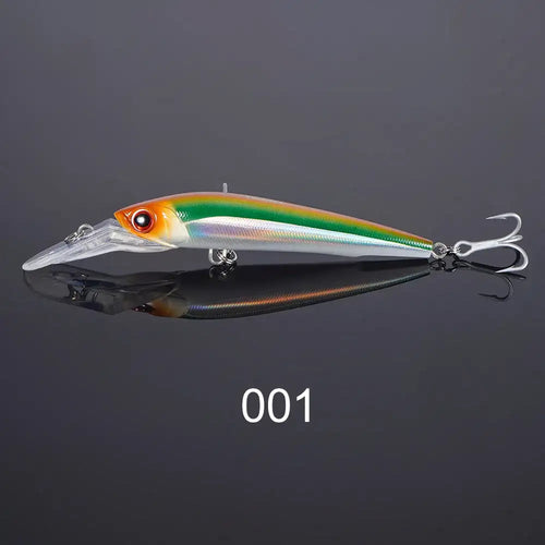 Green-white trolling minnow lure with orange eye and clear bill, double treble
