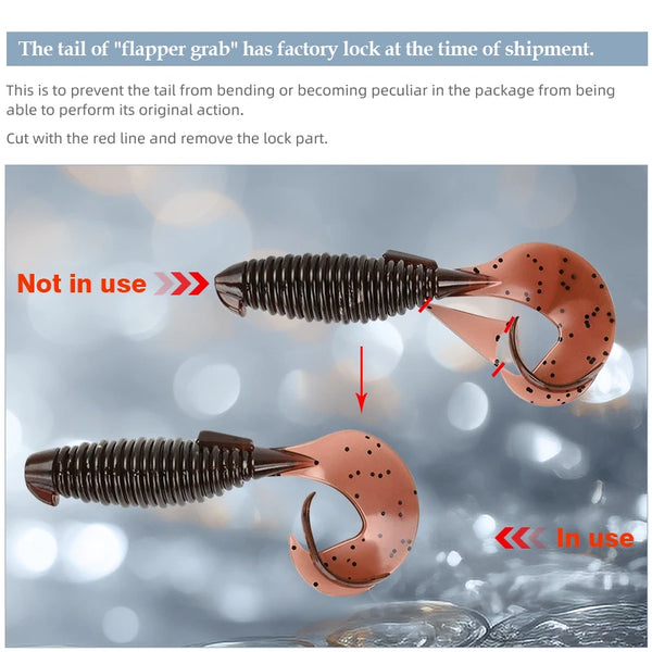 Soft flapper grub lure with paddle tail, orange-brown speckled, tail lock area shown