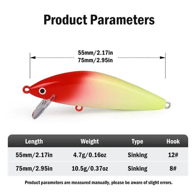 Leydun sinking minnow jerkbait fishing lure in red yellow gradient with metallic silver lip eyelet and hook