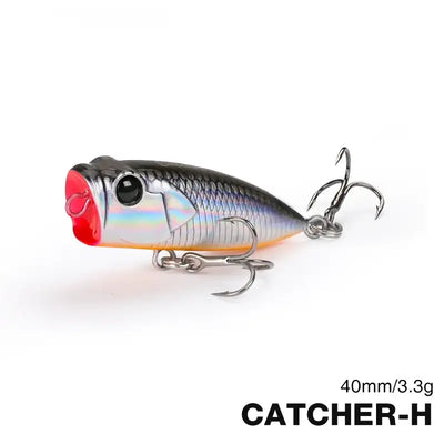 Tsurinoya CATCHER 40F popper lure, silver blue body with red lip and treble hooks
