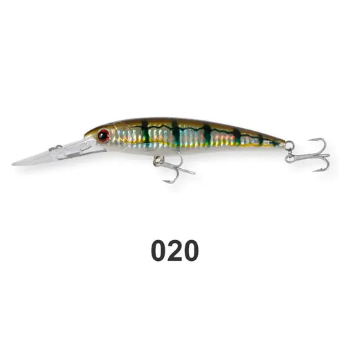 Saltwater minnow trolling wobbler lure, dark green back with gold stripes and treble hooks
