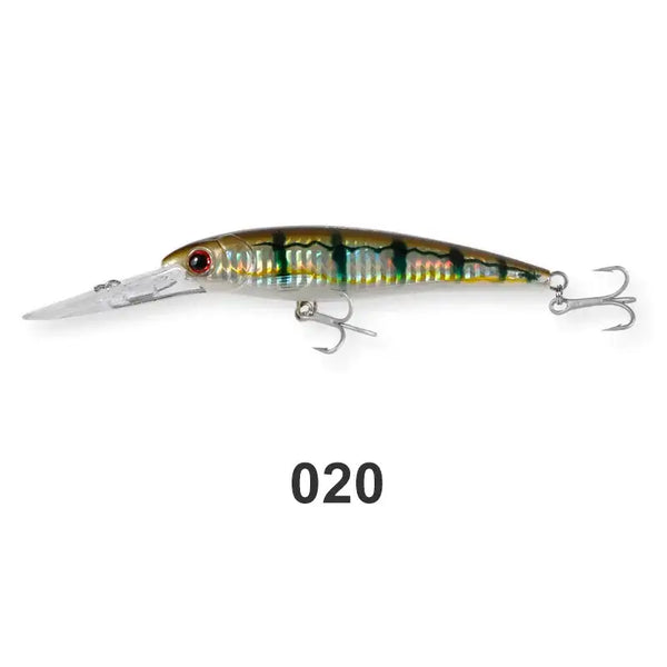 Saltwater minnow trolling wobbler lure, dark green back with gold stripes and treble hooks