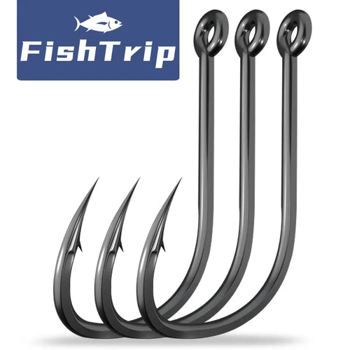 Offset fishing hooks with round eye, dark metal finish, multiple hooks
