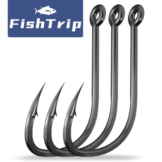 Offset fishing hooks with round eye, dark metal finish, multiple hooks