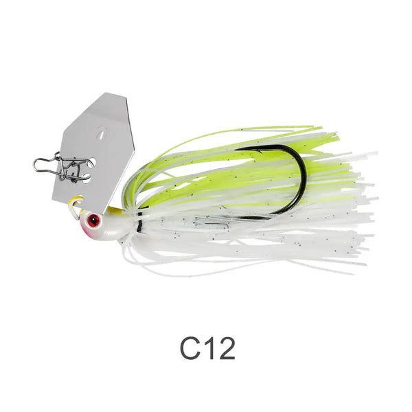 Chatterbait bladed jig with white skirt, chartreuse top strands, silver blade, red-and-black eye