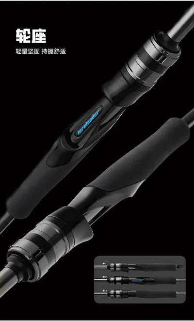 Spinning fishing rod handle with ribbed reel seat and EVA grips; two-section view