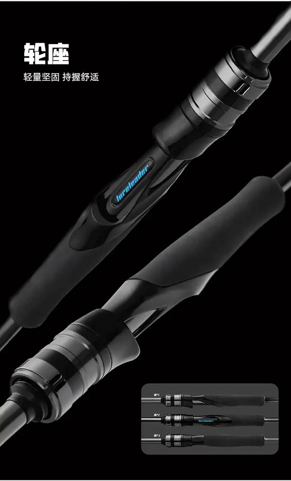 Spinning fishing rod handle with ribbed reel seat and EVA grips; two-section view