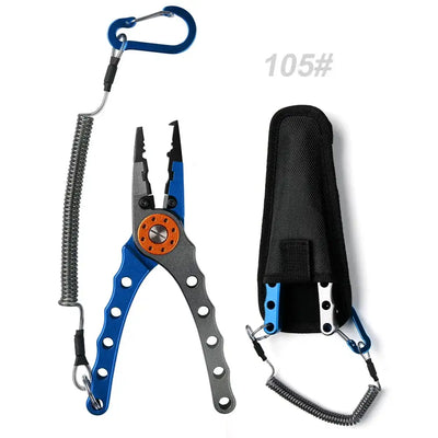 Blue stainless steel fishing pliers with split-ring tool and orange wheel, in black case