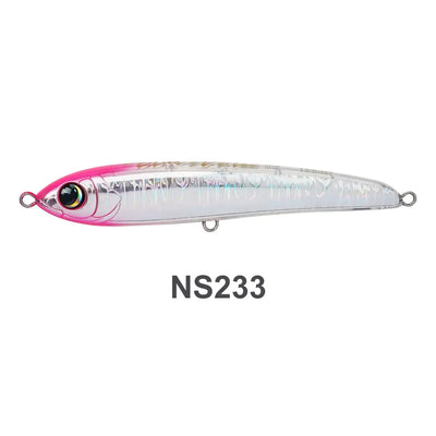 Floating stickbait fishing lure, pink head, white body, iridescent sheen, metal side hooks